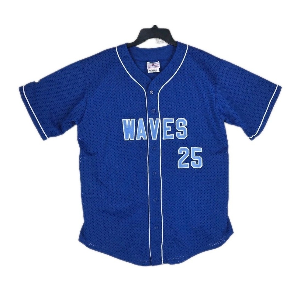 Vtg Teamwork Athletic Apparel Waves #25 Baseball Jersey Mens XL Blue Mesh USA